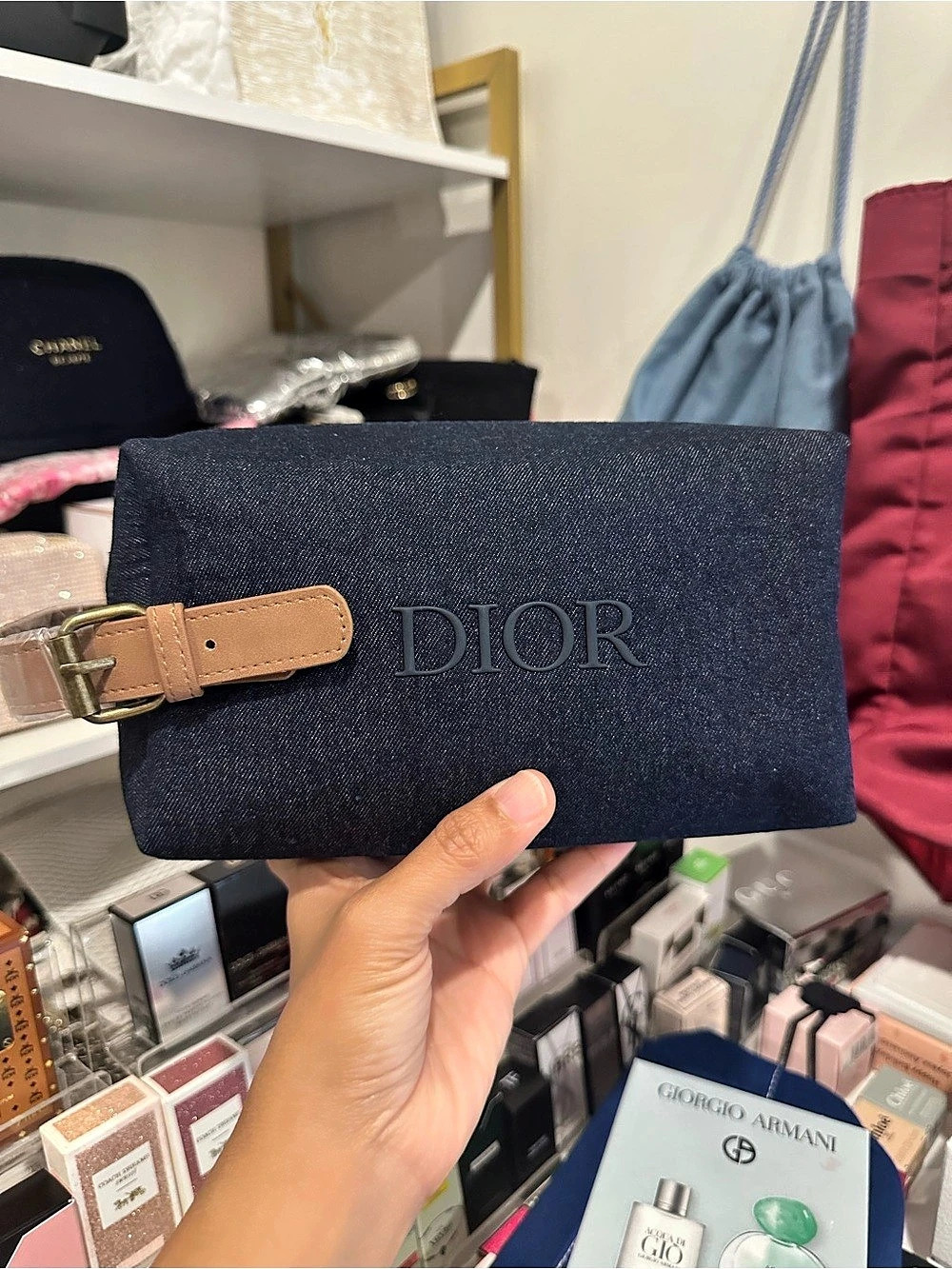 GWP Dior Beauty Denim Cosmetic Pouch with Buckle in Blue